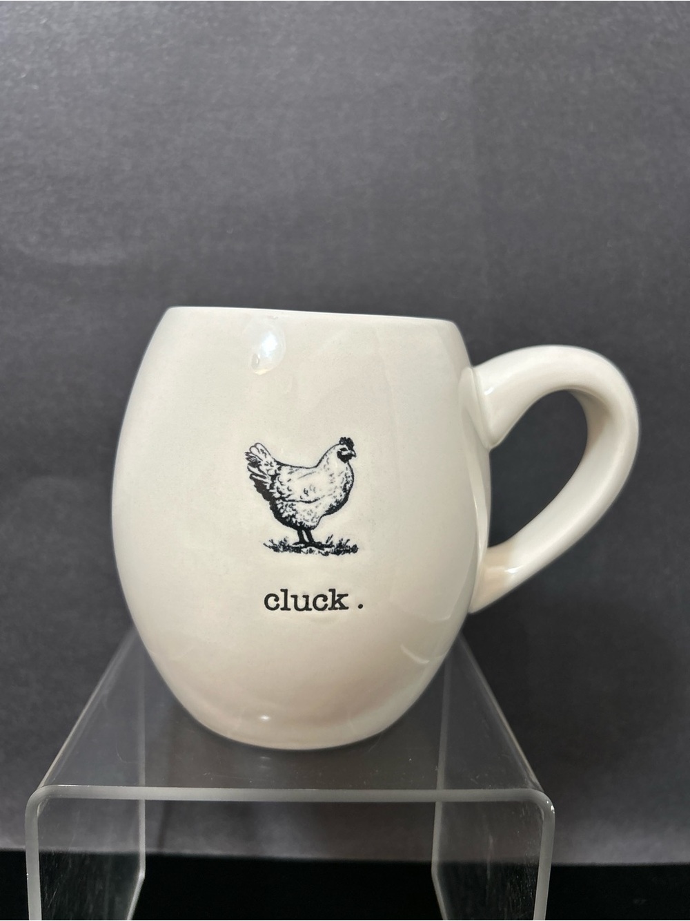 Rae Dunn White Ceramic Mug with Black Chicken "cluck."